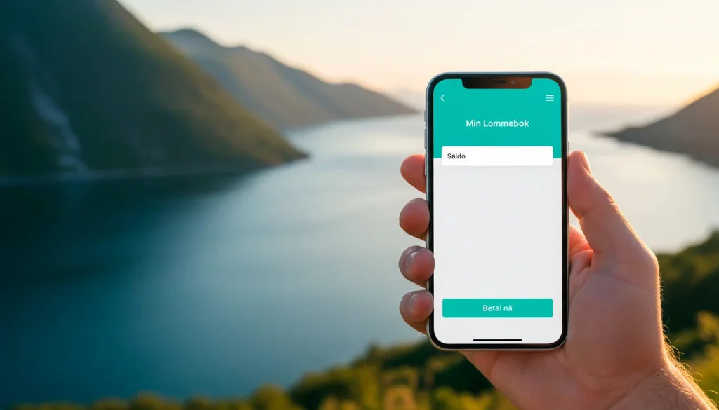 Norsk fjordlandskap med mobiltelefon i forgrunnen som viser MuchBetter-appen