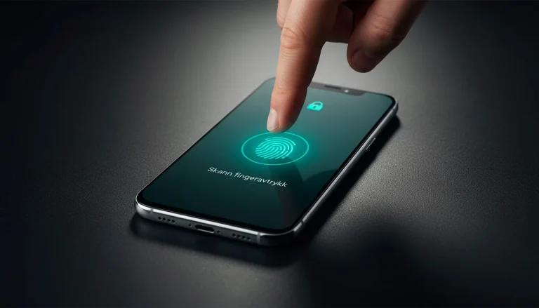 Nærbilde av fingeravtrykksensor på mobiltelefon med MuchBetter-sikkerhetssymboler
