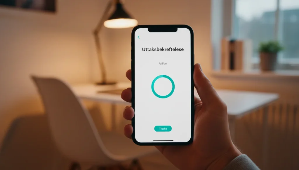 Hånd som holder mobiltelefon med MuchBetter-uttaksbekreftelse på skjermen
