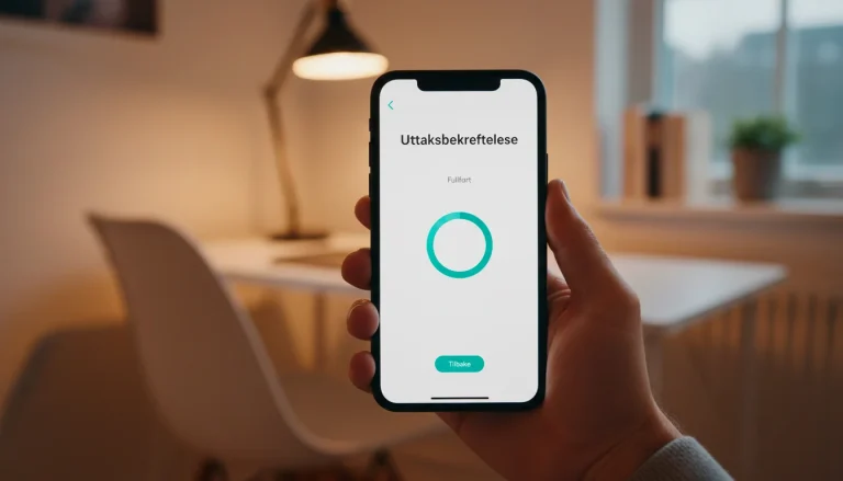 Hånd som holder mobiltelefon med MuchBetter-uttaksbekreftelse på skjermen