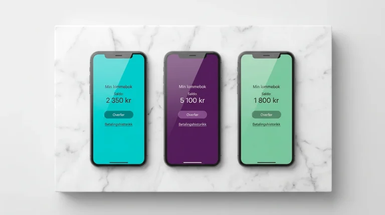 Tre mobiltelefoner side om side med MuchBetter, Skrill og Neteller-apper åpne